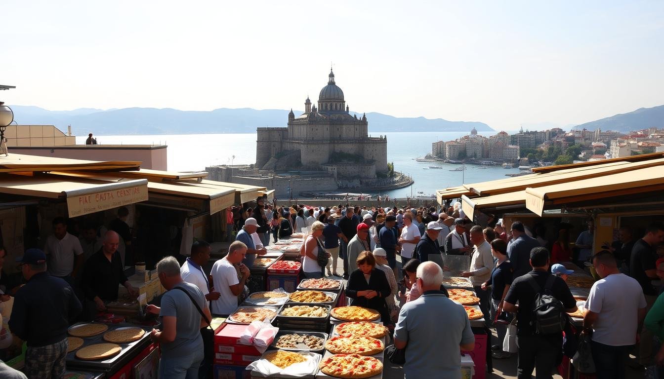 A bustling outdoor marketplace in Naples, Italy, overflowing with vibrant colors and rich aromas. In the foreground, a lively scene of locals and tourists alike, gathered around makeshift stalls offering freshly made pizza, hand-rolled pasta, and other traditional delicacies. The middle ground features the iconic Castel dell'Ovo, its striking silhouette against a warm, sun-dappled sky. In the background, the azure waters of the Bay of Naples shimmer, framed by the rolling hills and historic buildings that define the city's skyline. The lighting is soft and diffused, creating a sense of intimacy and atmosphere, while the camera angle is slightly elevated, offering a panoramic view of this quintessential culinary experience.