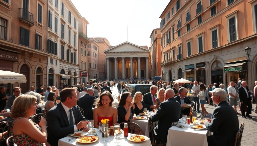 A bustling piazza in Rome, the sun casting a warm glow over the scene. In the foreground, a group of well-dressed locals enjoy a leisurely lunch at a charming trattoria, savoring authentic Italian dishes like pasta carbonara and tiramisu. The middle ground features the iconic Pantheon, its ancient grandeur a testament to Rome's rich culinary heritage. In the background, winding cobblestone streets lead to hidden cafes and family-owned shops, inviting visitors to explore the city's vibrant food culture. The atmosphere is one of relaxation and indulgence, capturing the essence of the "Rome culinary experience."