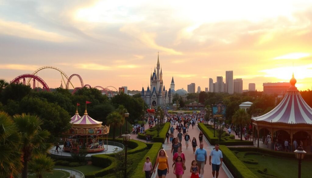 A bustling scene of Orlando's iconic theme parks, captured under a warm, golden sunset. In the foreground, thrilling rides and attractions like towering rollercoasters and vibrant carousels come to life, surrounded by lush, verdant landscapes. In the middle ground, families in colorful vacation attire stroll along well-manicured paths, their faces lit with excitement. In the background, the silhouettes of renowned landmarks like the Cinderella Castle and Space Mountain stand tall, framed by a panoramic sky awash with rich, saturated hues. The overall atmosphere conveys the joy, adventure, and enchantment that defines the "Theme Park Capital of the World."