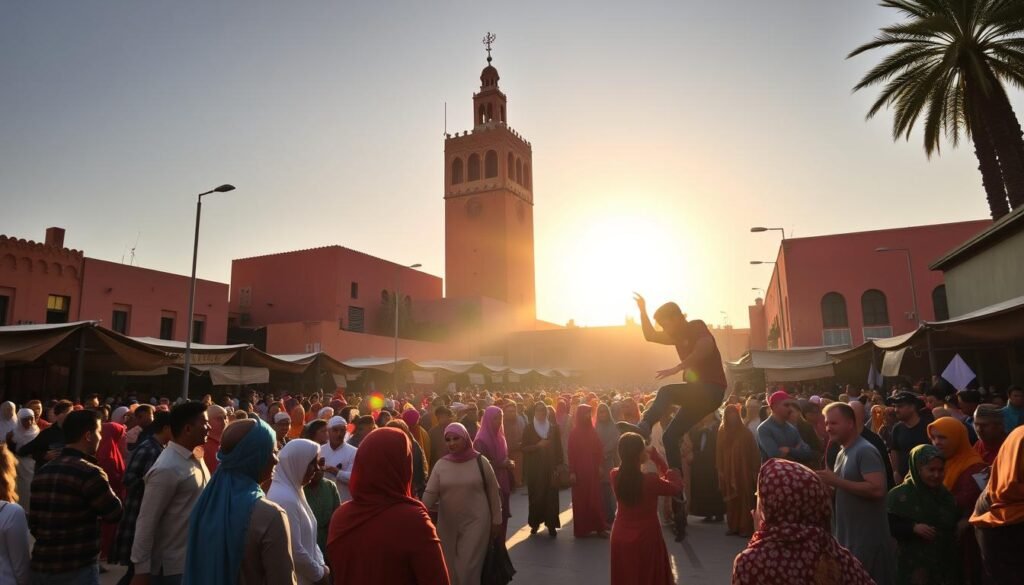A bustling street in Marrakech, Morocco, filled with vibrant cultural celebrations. In the foreground, a crowd of locals in traditional Moroccan attire - djellabas, kaftans, and colorful turbans - gather around street performers showcasing their mesmerizing dance moves and intricate acrobatics. The middle ground features the iconic Koutoubia Mosque, its towering minaret casting long shadows across the scene. In the background, the sun casts a warm, golden glow over the ochre-hued buildings, creating a magical, atmospheric ambiance. The image exudes the energy and spirit of Marrakech's rich cultural heritage, capturing the essence of its seasonal festivities.