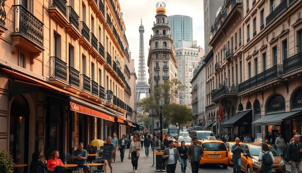A bustling street in a quintessential Parisian neighborhood, with rows of charming buildings in warm hues, ornate wrought-iron balconies, and locals strolling by in casual, stylish attire. In the foreground, a cozy café with outdoor seating invites passersby to linger over a cup of coffee and a fresh croissant. The mid-ground features iconic Parisian landmarks, such as the Eiffel Tower, peeking through the cityscape. The scene is bathed in soft, golden light, creating a welcoming and vibrant atmosphere. Contrast this with a bustling New York City street, where towering skyscrapers frame a lively scene of pedestrians, yellow cabs, and distinctive brownstone buildings. The energy is palpant, with people hurrying to and fro, immersed in the city's rhythms. The color palette is a dynamic mix of urban hues, from the gray of the buildings to the vibrant splashes of color in storefront awnings and street fashion.