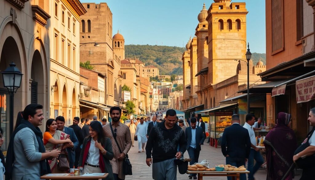 A bustling street in a vibrant cultural hub, with locals adorned in traditional garments strolling past historic monuments. Warm afternoon light casts a golden glow, illuminating the intricate architectural details. In the foreground, a group of friends laughs and shares a meal at a cozy outdoor cafe, immersed in the rhythms of daily life. The middle ground features a lively market, where vendors hawk their wares and the air is filled with the tantalizing aromas of spices and freshly baked bread. In the background, towering structures and verdant hills create a picturesque backdrop, hinting at the diverse tapestry of the local culture.