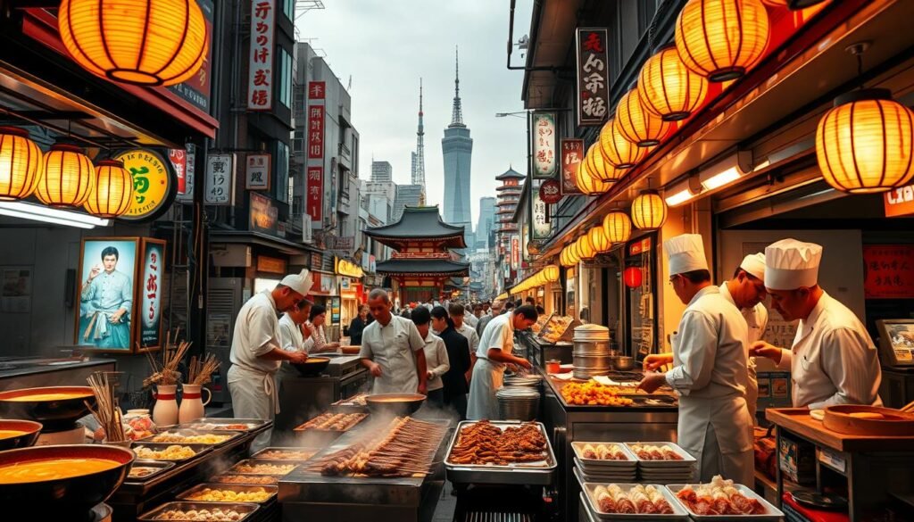 A bustling street in downtown Tokyo, awash in the warm glow of lanterns and neon signs. In the foreground, a collection of mouthwatering culinary delights - steaming ramen bowls, sizzling yakitori skewers, and delicate sushi platters. Chefs in crisp white uniforms skillfully prepare these delectable dishes, their movements like a well-choreographed dance. In the middle ground, the iconic silhouettes of Tokyo's skyscrapers and historic temples loom, creating a captivating contrast between the ancient and the modern. The atmosphere is electric, with the sounds of sizzling pans, friendly banter, and the chatter of satisfied diners. The scene is bathed in a warm, golden light, evoking a sense of comfort and indulgence. This is the essence of Tokyo's culinary landscape - a harmonious blend of tradition, innovation, and an unwavering dedication to the art of fine dining.