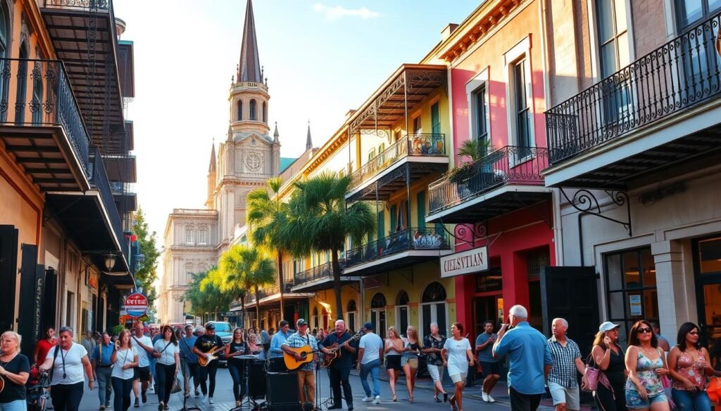 A bustling street in the heart of New Orleans, brimming with the vibrant energy of the city's cultural scene. In the foreground, musicians perform on a sidewalk stage, their lively jazz melodies filling the air. Colorful buildings, adorned with intricate wrought-iron balconies, line the streets, creating a rich tapestry of architectural styles. Locals and visitors alike stroll past, some stopping to admire the street performers, others indulging in the local cuisine or browsing the lively shops. The warm, golden hues of the sun cast a welcoming glow, enhancing the festive atmosphere. In the background, the iconic St. Louis Cathedral stands tall, a testament to the city's deep-rooted history and cultural significance. This vibrant scene captures the essence of New Orleans, where art, music, and the celebration of life are woven into the very fabric of the city.