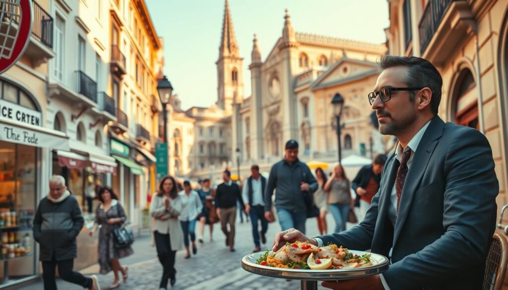 A bustling street scene in a vibrant foreign city, with a smartly dressed traveler enjoying a delicious local dish at an outdoor cafe. The foreground features the traveler, seated at a small table, savoring a plate of flavorful, colorful cuisine. In the middle ground, passersby stroll along the cobblestone sidewalk, past charming storefronts and historic monuments. The background is filled with the architectural splendor of towering cathedrals and ancient landmarks, bathed in warm, golden light. The overall atmosphere is one of cultural immersion, culinary delight, and the joy of exploring new horizons.