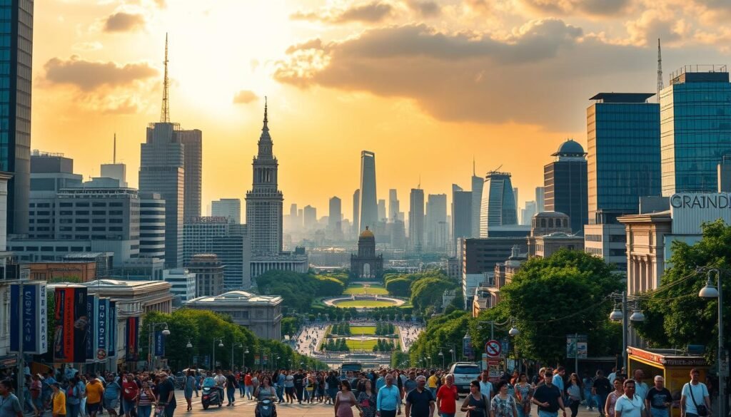 A bustling urban cityscape, where towering skyscrapers and historic landmarks converge, creating a captivating interplay between modernity and tradition. In the foreground, pedestrians navigate the bustling streets, their vibrant attire adding pops of color to the scene. Towering monuments stand proud, their intricate architectural details reflecting the city's rich heritage. The middle ground is dotted with lush greenery, as parks and gardens seek to integrate nature into the urban fabric. In the background, the skyline is painted with a warm, golden glow, the result of the sun's rays filtering through the clouds, casting a serene and contemplative atmosphere over the entire scene. The image conveys the challenges and opportunities of merging nature with the ever-evolving urban landscape.