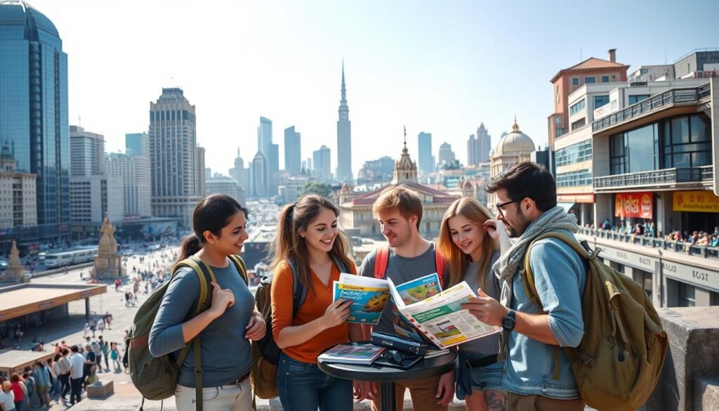 A bustling urban cityscape, with towering buildings and vibrant street life, set against a backdrop of a clear, sun-drenched sky. In the foreground, a group of travelers dressed in casual, comfortable attire - backpacks slung over their shoulders, carrying maps and guidebooks. They are gathered around a small table, examining a budget-friendly travel plan, their faces alight with excitement and anticipation. The middle ground features a mix of local landmarks, such as iconic monuments and historic architecture, hinting at the diverse cultural experiences awaiting the adventurous travelers. The overall mood is one of cost-conscious exploration, with an emphasis on making the most of limited resources to create an unforgettable journey.