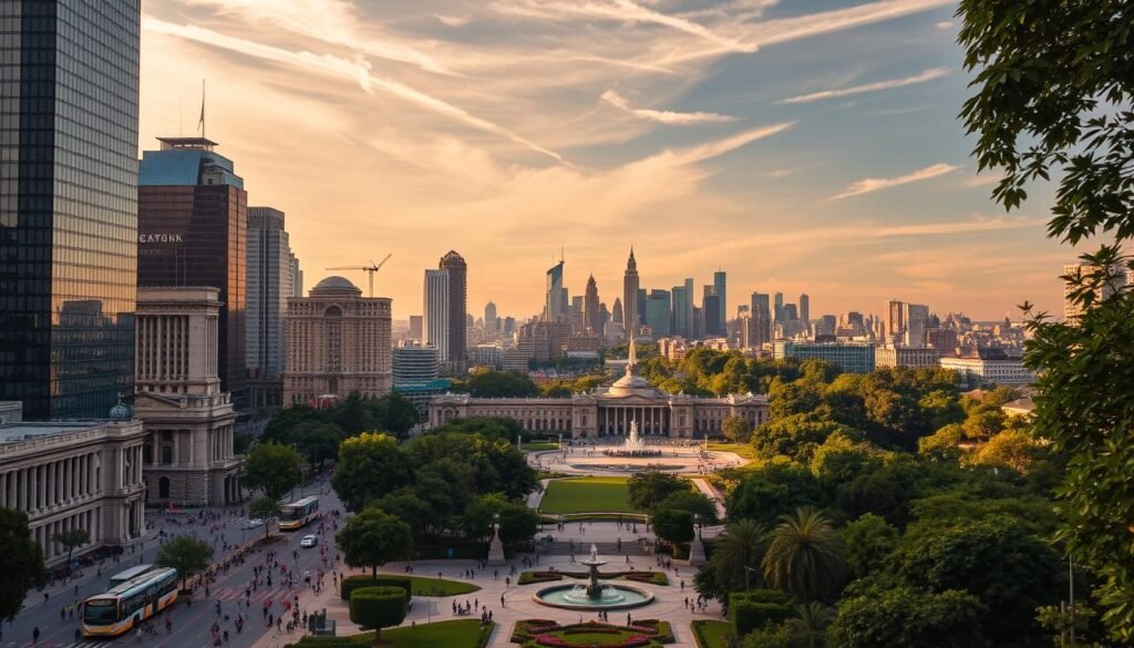 A bustling urban cityscape with towering skyscrapers and historic architecture, framed by lush, verdant parks and gardens. The foreground features a vibrant mix of pedestrians, cyclists, and public transportation, all seamlessly integrated with the natural landscape. The middle ground showcases grand plazas, fountains, and monuments, while the background is dominated by a stunning skyline, bathed in warm, golden light that filters through wispy clouds. The overall atmosphere exudes a harmonious blend of modern city life and the tranquility of urban green spaces, inviting the viewer to experience the best of both worlds.