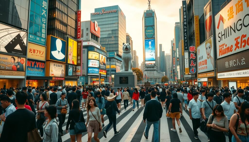 A bustling urban scene at Shibuya Crossing, Tokyo's iconic pedestrian intersection. In the foreground, throngs of people navigate the crosswalks, dressed in a vibrant mix of contemporary fashion. The middle ground features the towering, neon-lit buildings and commercial billboards that define the Shibuya skyline. In the background, the tranquil Hachiko statue stands as a monument to loyalty, juxtaposing the frenetic energy of the crossing. Warm, golden lighting casts a reflective glow, creating an atmospheric ambiance. The scene is captured through a wide-angle lens, conveying a sense of immersion and capturing the energy and dynamism of this renowned Tokyo landmark.