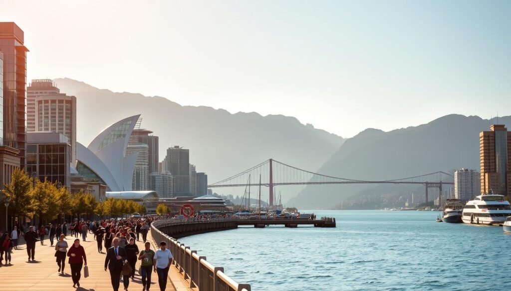 A bustling waterfront cityscape in Vancouver, Canada, with the majestic North Shore mountains as a backdrop. In the foreground, people stroll along the seawall, taking in the stunning views of the harbor and its iconic sights - the distinctive white sails of Canada Place, the sleek architecture of the Vancouver Convention Centre, and the iconic Lions Gate Bridge spanning the inlet. The middle ground is filled with the vibrant colors of the city's distinct West Coast style, with modern high-rises and historic buildings framing the scene. Warm, golden sunlight filters through, casting a soft, picturesque glow over the entire landscape, capturing the essence of Vancouver's unique blend of nature and urban charm.