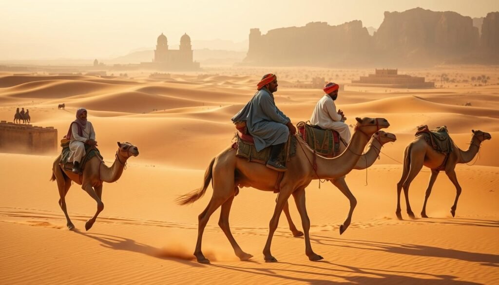 A caravan of camels trudging through the vast, golden dunes of the Sahara desert, their rhythmic footsteps echoing across the timeless landscape. Travelers adorned in traditional Moroccan garb - flowing robes, colorful turbans, and weathered leather boots - perched atop the swaying beasts, their faces etched with the wisdom of the ages. In the distance, towering rock formations and ancient landmarks stand as silent witnesses to the enduring legacy of the Saharan caravan routes. Warm, golden light filters through the hazy atmosphere, casting a serene, almost dreamlike quality over the scene. Capture the essence of this timeless adventure, where the past and present converge in a captivating display of Morocco's hidden gems.