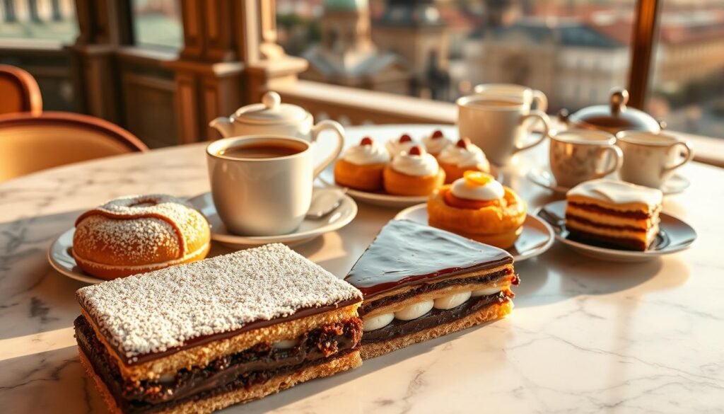A charming assortment of traditional Viennese desserts artfully displayed on a marble tabletop, bathed in warm, golden lighting. In the foreground, a decadent Sachertorte, its glossy chocolate glaze and dusting of powdered sugar beckoning the viewer. Alongside it, a delicate Apfelstrudel, its flaky pastry layers revealing a sweet apple filling. In the middle ground, a platter of colorful Marillenknödel, the signature Austrian apricot dumplings, and a selection of Viennese coffee specialties, their rich crema topping glistening. In the background, a glimpse of the city's iconic landmarks, such as the Stephansdom cathedral, hinting at the historic setting. The overall scene conveys a sense of indulgence, tradition, and the irresistible allure of Vienna's renowned dessert culture.