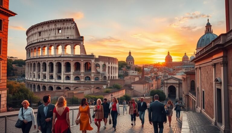 A classic Italian cityscape at golden hour, capturing the essence of Rome's timeless beauty. In the foreground, well-dressed locals stroll along cobblestone streets, pausing to admire the iconic monuments that dot the landscape. The Colosseum and Roman Forum rise majestically in the middle ground, their weathered facades bathed in warm, amber light. In the background, the domes and spires of historic churches and palaces stretch towards a vibrant, sunset-hued sky. A sense of timeless elegance and joie de vivre permeates the scene, inviting the viewer to immerse themselves in the charm of this eternal city.