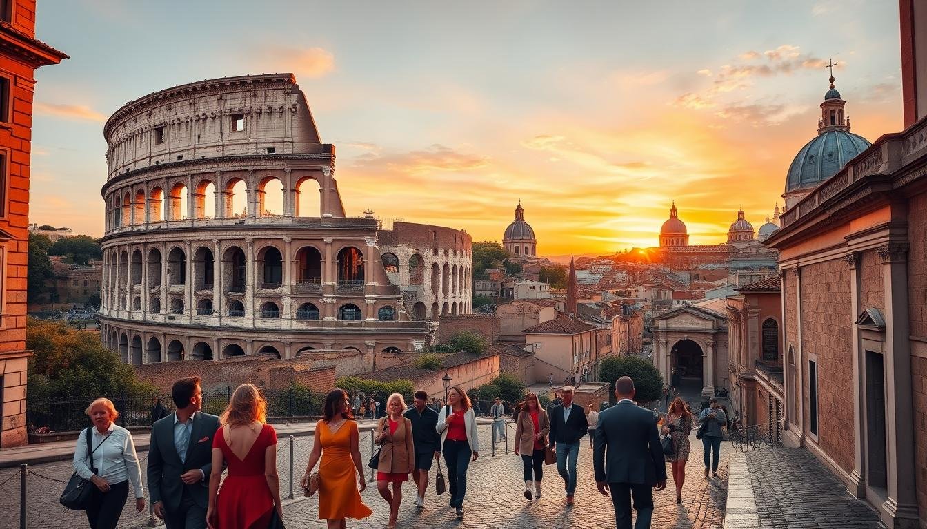 A classic Italian cityscape at golden hour, capturing the essence of Rome's timeless beauty. In the foreground, well-dressed locals stroll along cobblestone streets, pausing to admire the iconic monuments that dot the landscape. The Colosseum and Roman Forum rise majestically in the middle ground, their weathered facades bathed in warm, amber light. In the background, the domes and spires of historic churches and palaces stretch towards a vibrant, sunset-hued sky. A sense of timeless elegance and joie de vivre permeates the scene, inviting the viewer to immerse themselves in the charm of this eternal city.