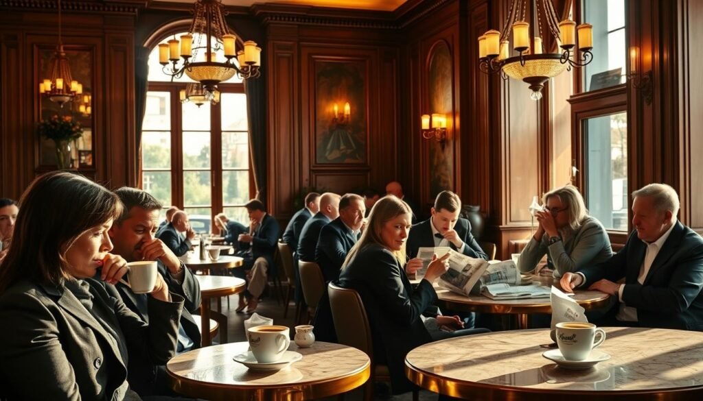 A cozy Viennese café interior, the warm glow of chandeliers illuminating the elegant wood paneling and marble tabletops. Patrons in smart casual attire sip steaming cups of rich, aromatic Melange coffee, engrossed in quiet conversation or perusing the morning newspapers. Sunlight filters through tall windows, casting a soft, golden light across the scene. The atmosphere exudes a timeless, refined ambiance, capturing the essence of Vienna's cherished coffee culture.