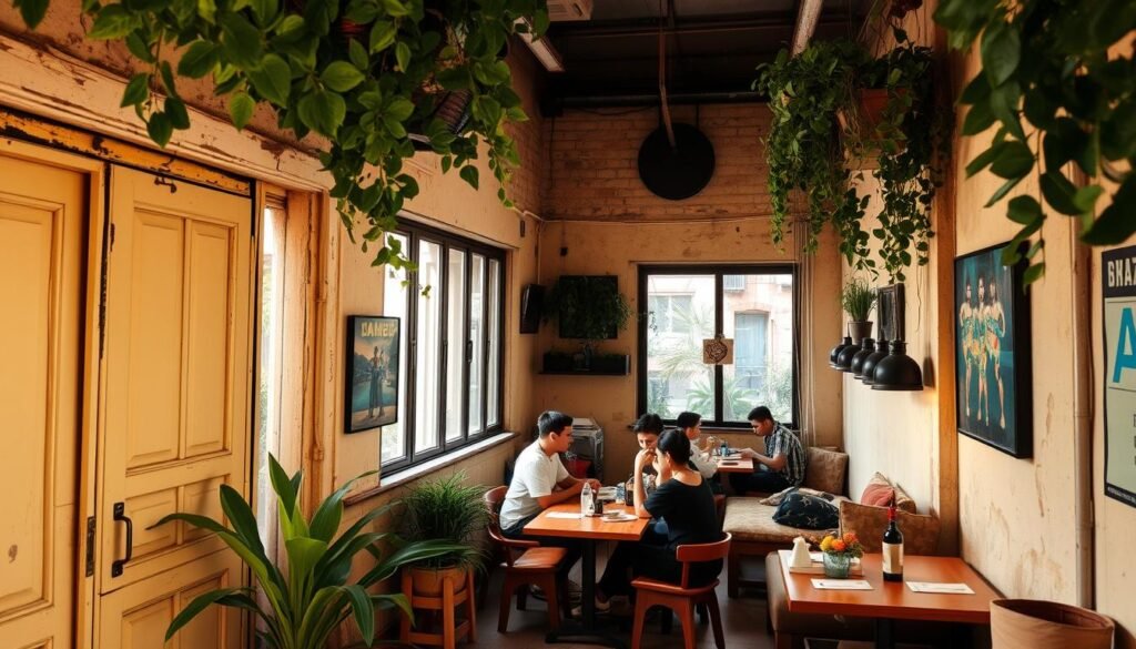 A cozy hostel tucked away in a vibrant city alley, its weathered facade adorned with lush greenery. The interior features minimalist yet comfortable furnishings, with a communal lounge area bathed in warm, natural light filtering through large windows. Travelers from around the world mingle, sharing stories and planning their next adventure over a simple, affordable meal. The atmosphere is relaxed and inviting, a stark contrast to the bustling streets outside, creating a haven for the budget-conscious explorer.