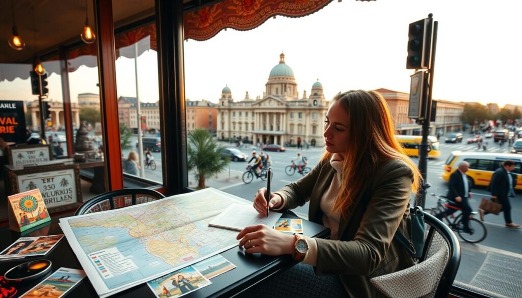 A cozy, well-lit café table overlooking a bustling city street, with a map, guidebook, and travel itinerary laid out. In the foreground, a fashionably dressed tourist plans their sightseeing tour, pen in hand, surrounded by vibrant postcards, colorful city landmarks, and travel accessories. The middle ground features a grand, iconic building, its ornate architecture silhouetted against a warm, golden-hour sky. The background is filled with the energetic movement of pedestrians, bicycles, and public transportation, capturing the lively essence of a first-time traveler's exploration.