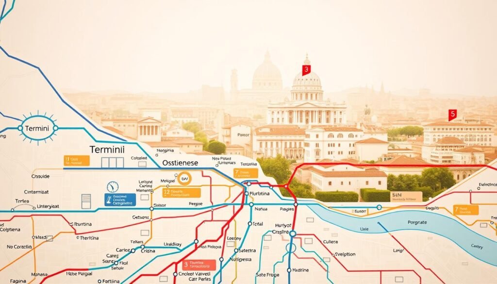 A detailed map of Rome's train stations, showcasing the city's intricate transportation network. The image depicts the main stations - Termini, Tiburtina, Ostiense, and Trastevere - with their distinctive architectural styles and surrounding landmarks. The map is rendered in a clean, minimalist style with clear color-coded lines and symbols, allowing easy navigation. The foreground highlights the station names and key transportation hubs, while the middle ground features iconic Roman structures like the Colosseum and St. Peter's Basilica in the distance. The background is bathed in warm, golden tones, evoking the city's historic charm and Mediterranean ambiance. The overall composition conveys a sense of efficiency and accessibility, essential for a visitor's journey through the Eternal City.