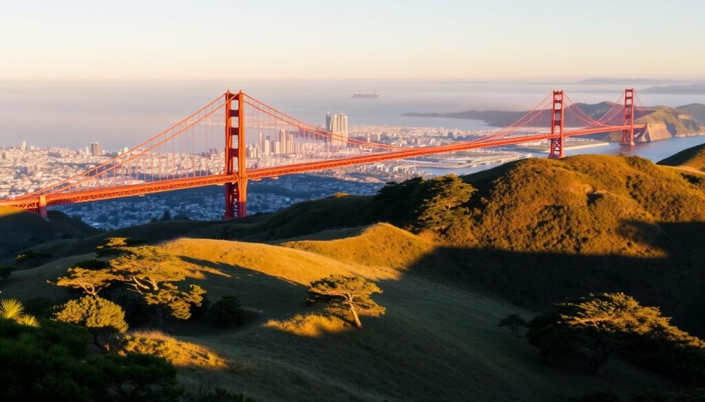 A dramatic panoramic view of the iconic Golden Gate Bridge, spanning the San Francisco Bay from the elevated vantage point of Twin Peaks. The iconic orange suspension bridge is illuminated by warm, golden sunlight, casting long shadows across the landscape. In the foreground, the rolling hills of Twin Peaks are dotted with lush greenery and eucalyptus trees. The middle ground features the bustling city skyline, with skyscrapers and landmarks like Coit Tower rising up in the distance. The background is dominated by the serene, fog-shrouded bay, with Alcatraz Island visible in the far-off haze. The overall scene conveys a sense of grandeur, natural beauty, and San Francisco's unique blend of urban and coastal elements.
