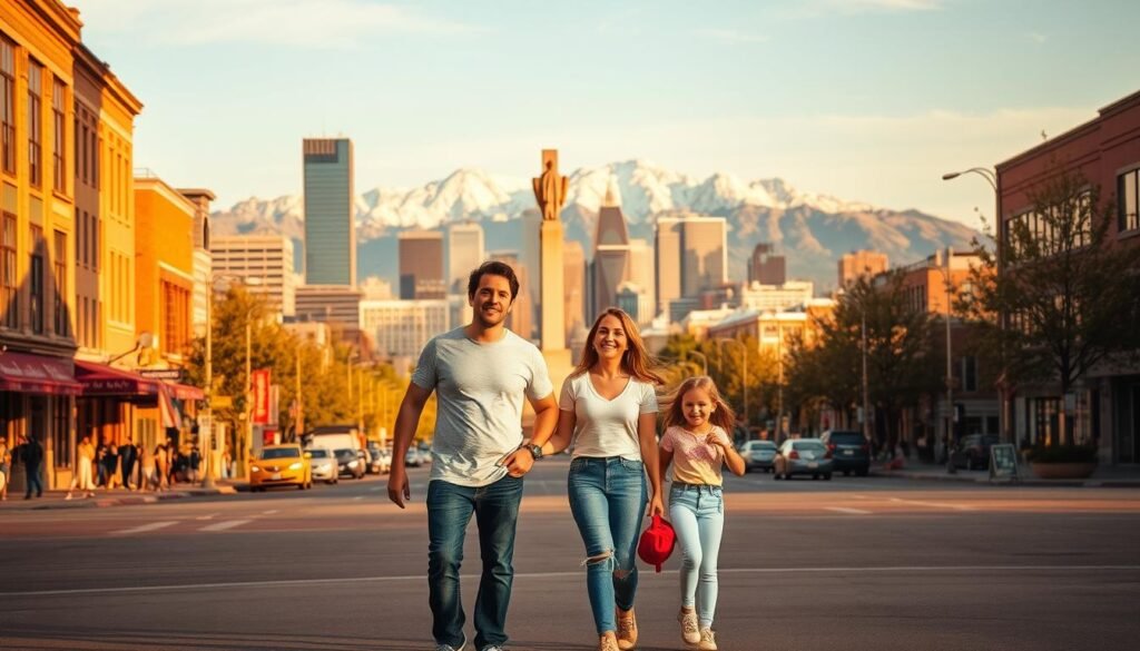 A family of four exploring the vibrant sights of Denver, Colorado. In the foreground, a couple with two young children stroll down a lively city street, taking in the architecture and bustling energy. The middle ground features the iconic Denver skyline, with the majestic Rocky Mountains serving as a dramatic backdrop. Warm, golden sunlight bathes the scene, creating a welcoming and inviting atmosphere. The family's casual, comfortable attire - jeans, t-shirts, and sneakers - reflects their relaxed vacation mood. Nearby, a towering statue or monument stands as a testament to Denver's rich history and cultural heritage. The overall composition captures the perfect blend of urban excitement and natural wonder that makes Denver an ideal family-friendly destination.
