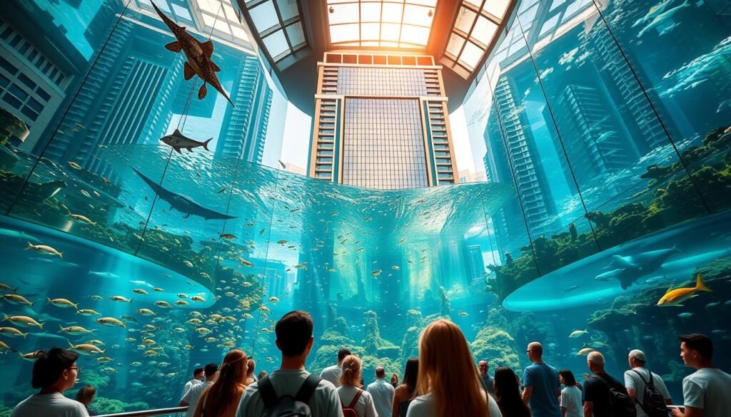 A grand, majestic aquarium standing tall, its glass facades reflecting the sunlight and surrounding skyscrapers. Inside, a captivating underwater world teeming with diverse marine life - schools of vibrant tropical fish, graceful manta rays, and playful otters. Visitors gaze in awe, their faces aglow as they explore the mesmerizing ocean exhibits. The mood is one of wonder and discovery, with natural lighting casting a warm, inviting ambiance throughout the space. Capture the essence of this iconic Dubai attraction, showcasing its architectural splendor and the enchanting aquatic habitats that await curious adventurers.