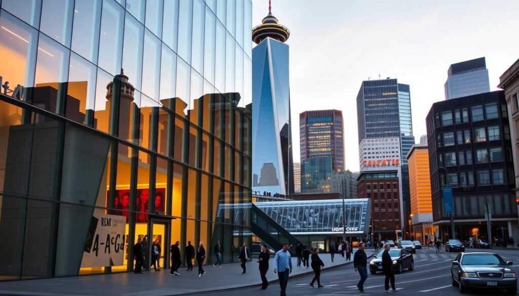 A grand, modern art museum stands tall against the backdrop of the Seattle skyline, its sleek, angular architecture a testament to the city's vibrant cultural landscape. Visitors stroll through the museum's light-filled galleries, admiring the bold, thought-provoking works that adorn the walls. The building's glass facade reflects the city's iconic landmarks, creating a seamless integration of art and urban environment. Soft, diffused lighting casts a warm glow over the scene, highlighting the museum's striking silhouette and the dynamic energy of the surrounding streets. The image conveys Seattle's position as a hub for cutting-edge art and design, where creativity and innovation thrive in every corner.