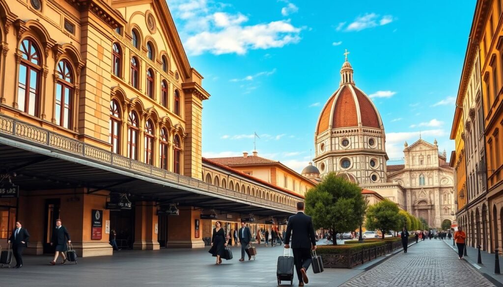 A grand neo-Renaissance facade of Florence's historic train station rises majestically, its ornate windows and arches bathed in warm golden light. Elegant passengers in stylish 1920s attire stroll along the bustling concourse, their luggage in hand. Beyond the station, the iconic Duomo and Basilica di Santa Croce can be glimpsed in the distance, their towering silhouettes silhouetted against a vibrant azure sky. Cobblestone streets wind through the charming old town, inviting exploration. This scene captures the essence of Florence, a city brimming with history, culture, and the promise of unforgettable journeys to come.