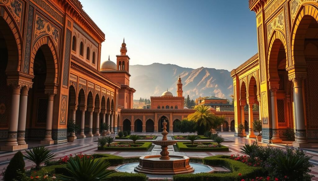 A grand, ornate Moroccan palace, bathed in warm golden light, its intricate arched doorways and intricate tile mosaics reflecting the rich cultural heritage of the region. In the foreground, a serene courtyard with a central fountain, surrounded by lush greenery and colorful flowers. In the middle ground, towering minarets and domes punctuate the skyline, while in the background, a hazy mountain range provides a stunning natural backdrop. The overall mood is one of timeless elegance and mystery, inviting the viewer to explore the hidden architectural wonders of Morocco.