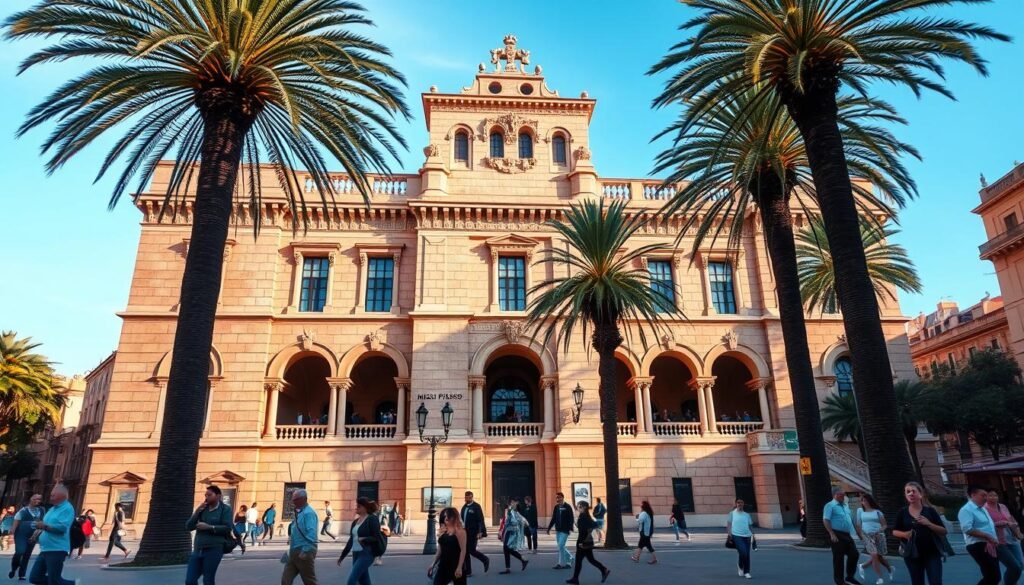 A grand stone facade of the Museu Picasso Barcelona, its imposing architecture bathed in warm Mediterranean sunlight. Ornate archways frame the entryway, inviting visitors to step into the historic world of Pablo Picasso. Towering palm trees sway gently in the soft breeze, their fronds casting delicate patterns of shadow across the bustling plaza. Locals stroll by in casual attire, pausing to admire the museum's timeless elegance. The mood is one of reverence and discovery, as this temple of art stands as a testament to the city's rich cultural heritage.