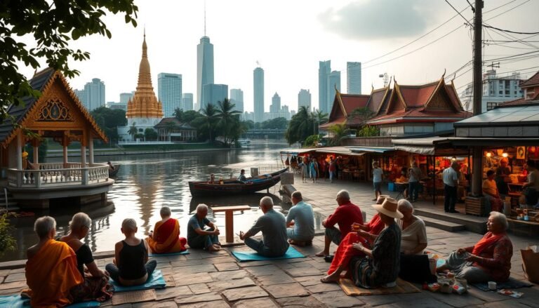 A hidden oasis in the bustling heart of Bangkok, where local residents gather at a charming riverside temple, its golden spires reflecting in the tranquil waters. In the foreground, a group of elderly Thais sit on mats, chatting and sipping fragrant tea, their colorful traditional garments adding vibrant splashes of color. In the middle ground, a lively street market overflows with vendors selling handcrafted wares, the air alive with the tantalizing aromas of spices and fresh produce. In the background, the iconic skyline of Bangkok's skyscrapers and historic landmarks stand in stark contrast, hinting at the city's dynamic blend of old and new. Soft, warm lighting bathes the scene, creating an atmosphere of serene, intimate discovery.