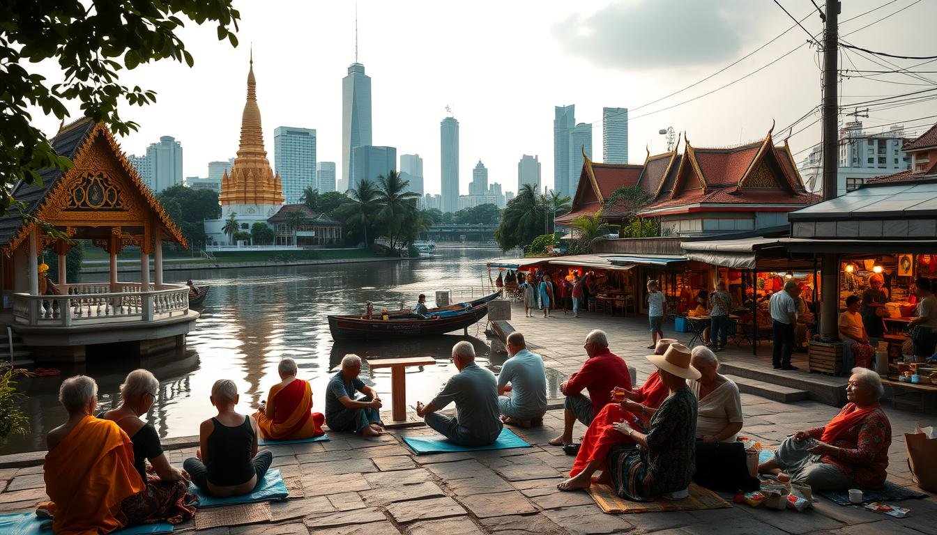 A hidden oasis in the bustling heart of Bangkok, where local residents gather at a charming riverside temple, its golden spires reflecting in the tranquil waters. In the foreground, a group of elderly Thais sit on mats, chatting and sipping fragrant tea, their colorful traditional garments adding vibrant splashes of color. In the middle ground, a lively street market overflows with vendors selling handcrafted wares, the air alive with the tantalizing aromas of spices and fresh produce. In the background, the iconic skyline of Bangkok's skyscrapers and historic landmarks stand in stark contrast, hinting at the city's dynamic blend of old and new. Soft, warm lighting bathes the scene, creating an atmosphere of serene, intimate discovery.