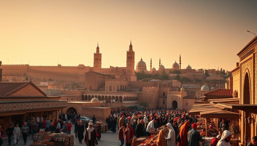 A historic cityscape of Fez, Morocco, bathed in warm, golden light. In the foreground, a bustling market square is filled with vendors in traditional robes and turbans, selling vibrant textiles, spices, and intricate handicrafts. In the middle ground, the towering walls and ornate gateways of the ancient medina rise up, their intricate tilework and carved stone facades reflecting the city's deep cultural heritage. In the background, the iconic minarets and domes of the city's grand mosques and royal palaces stand as silent witnesses to Fez's pivotal role in the region's spiritual and political history. The overall atmosphere conveys a sense of timeless tradition and enduring significance.