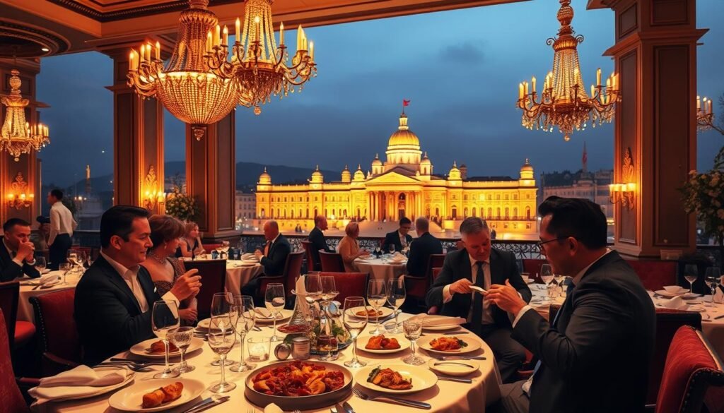 A lavish dining experience in a grand, opulent restaurant with high ceilings, ornate chandeliers, and plush seating. In the foreground, a table set with fine china, crystal glassware, and an extravagant multi-course meal, expertly prepared by a skilled culinary team. The middle ground features well-dressed diners savoring their gourmet dishes, engaged in conversation and enjoying the ambiance. The background showcases a panoramic view of a prestigious landmark or historic building, bathed in warm, golden lighting that creates a sophisticated, exclusive atmosphere. The overall scene conveys a sense of indulgence, elegance, and the pinnacle of luxury culinary experiences.
