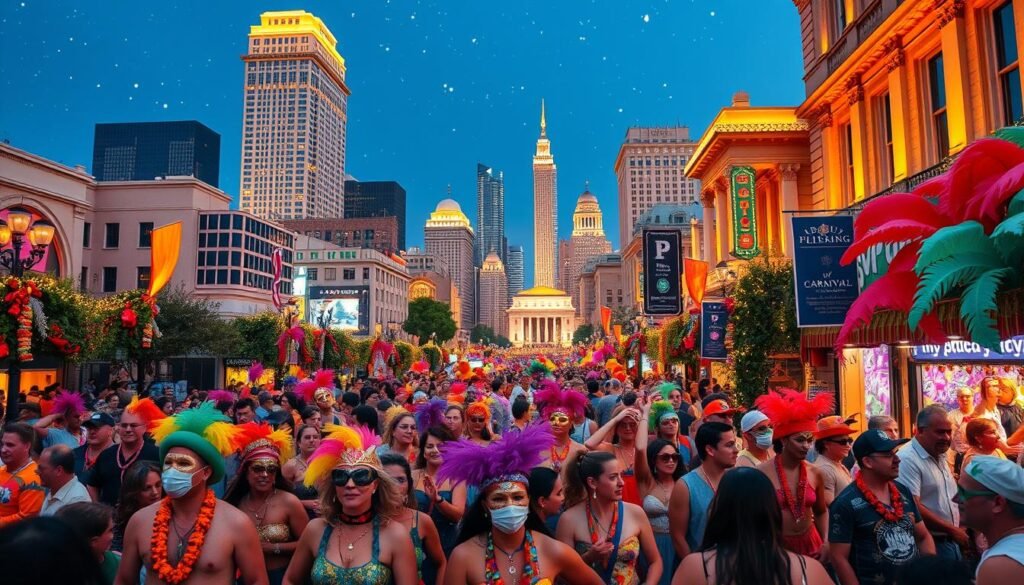 A lively carnival celebration in a vibrant American city. In the foreground, crowds of revelers dressed in colorful costumes, masks, and beads dance and parade through the streets. In the middle ground, iconic landmarks like skyscrapers, monuments, or historic buildings provide a backdrop, bathed in warm, festive lighting. The background features a clear, starry sky, adding to the celebratory atmosphere. The scene captures the energy, excitement, and diversity of a top U.S. carnival destination, with a dynamic composition and rich, saturated colors that evoke the joy and revelry of the event.
