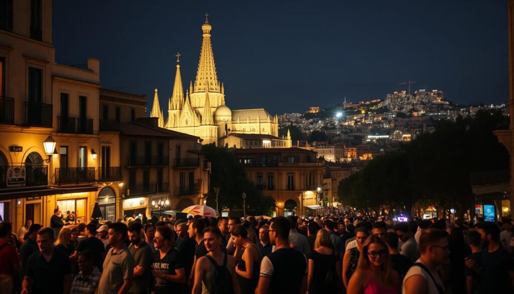 A lively nightscape of Barcelona's vibrant Barri Gòtic, the historic heart of the city. In the foreground, crowds of people spill out from trendy bars and clubs, dressed in fashionable attire. The middle ground features the iconic architecture of the Gothic Quarter, including the imposing Cathedral of Barcelona, illuminated by warm, ambient lighting. In the background, the slopes of Montjuïc hill are visible, dotted with the sparkling lights of the city. The scene conveys a sense of energy, excitement, and the city's renowned nightlife culture, captured through a cinematic wide-angle lens with a shallow depth of field.