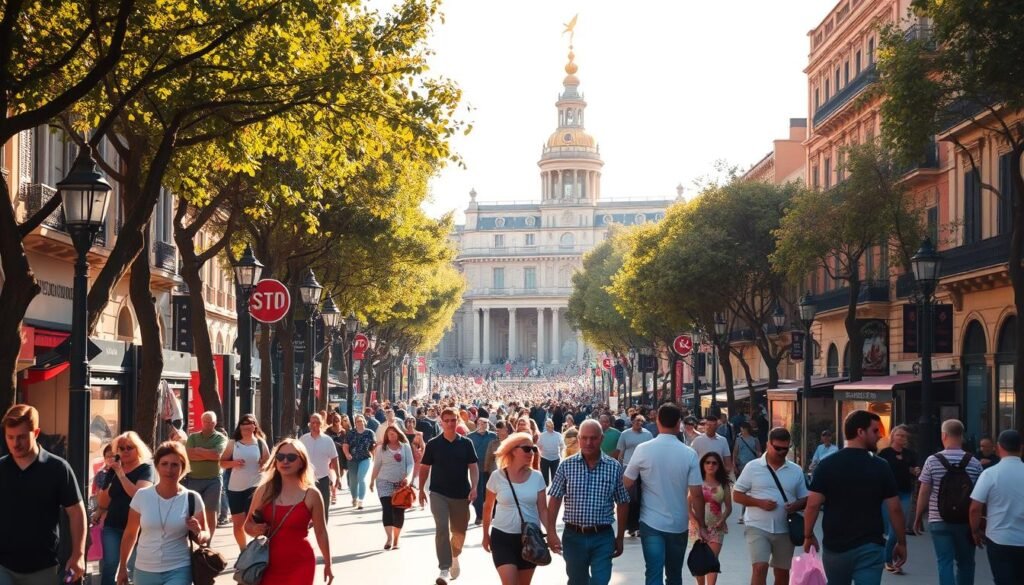A lively street scene of Las Ramblas, Barcelona's iconic tree-lined promenade. In the foreground, pedestrians stroll casually, taking in the vibrant atmosphere - couples window-shopping, street performers entertaining crowds, vendors selling fresh flowers and handcrafted goods. The middle ground features the grand, historic buildings lining the boulevard, their facades adorned with ornate architectural details. In the background, the iconic Mirador de Colom monument stands tall, overlooking the bustling scene below. Warm, golden sunlight filters through the leafy trees, casting a serene, inviting glow over the entire tableau. An energetic, quintessentially Barcelona vista, brimming with the sights, sounds, and culture of this beloved city.