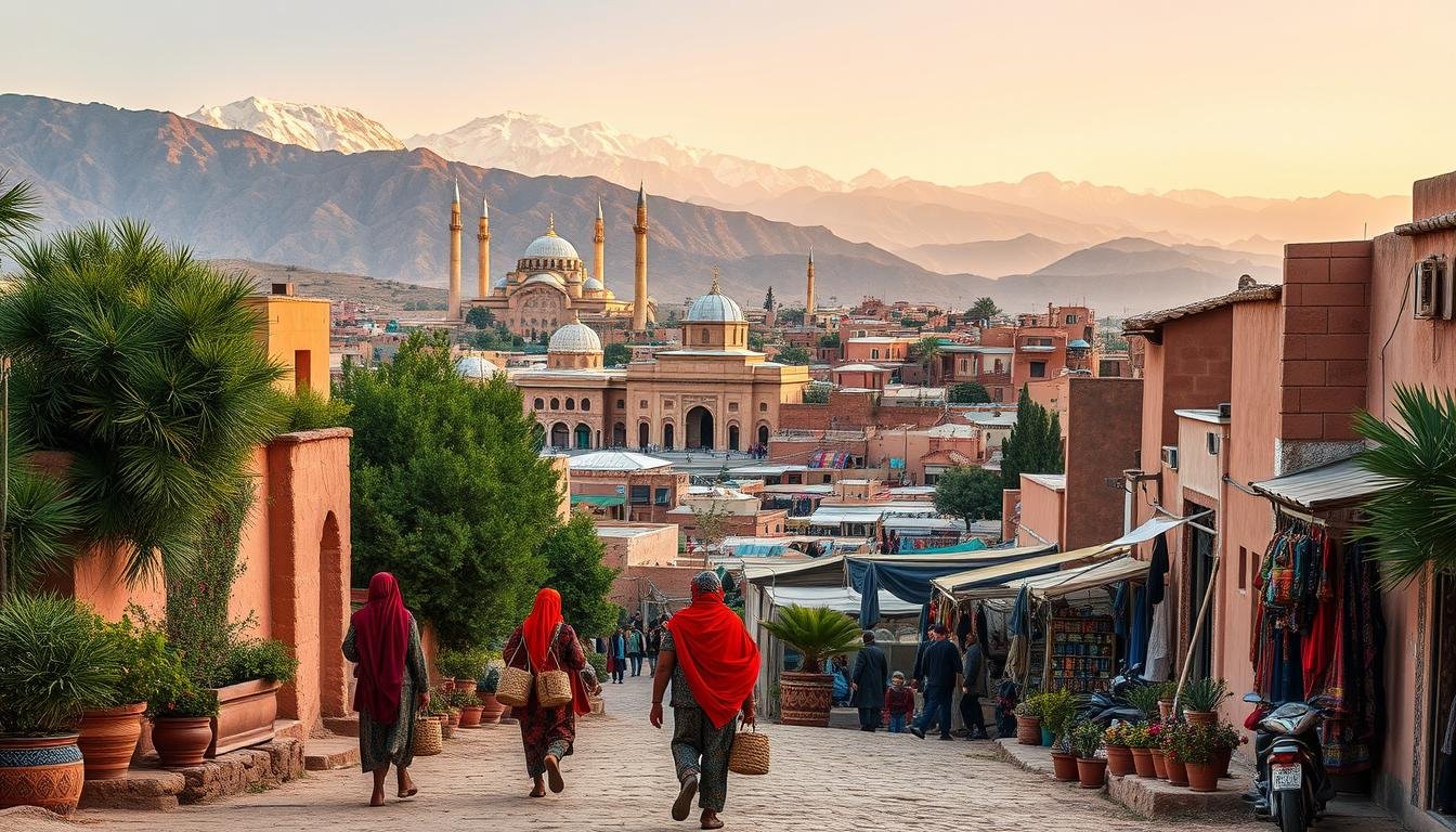 A lush desert oasis in the heart of Morocco, bustling with vibrant colors, captivating architecture, and rich cultural traditions. In the foreground, a group of locals adorned in traditional Berber garments navigate the winding alleyways, carrying intricately woven baskets and vibrant textiles. The middle ground features the iconic domes and minarets of a grand mosque, surrounded by a maze of colorful buildings and markets. In the background, towering snow-capped peaks of the Atlas Mountains rise majestically, casting a warm, golden glow over the entire scene. The image is bathed in a soft, diffused light, creating a serene and enchanting atmosphere that captures the essence of Morocco's unparalleled beauty and cultural richness.