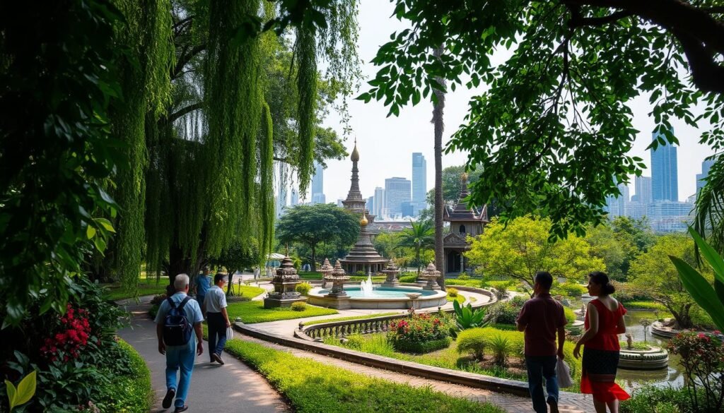 A lush, verdant oasis nestled within the bustling city of Bangkok, "secret gardens" invite visitors to step into a tranquil sanctuary. Verdant foliage cascades over winding paths, dappled sunlight filters through the canopy, and the gentle murmur of water features lulls the senses. In the foreground, locals in traditional Thai attire stroll leisurely, pausing to admire the vibrant blooms and monument-dotted landscapes. The middle ground reveals hidden alcoves and hidden pavilions, their intricate architectural details reflected in the still ponds. Framing the scene, the background showcases the iconic Bangkok skyline, a stunning contrast between the city's modernity and the timeless serenity of these secret gardens.