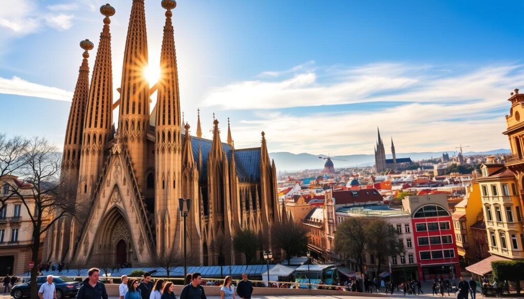 A magnificent, iconic structure stands tall against the vibrant blue sky of Barcelona. The stunning exterior of La Sagrada Familia, with its intricate Gothic and Art Nouveau architecture, is bathed in warm, golden sunlight. Towering spires and ornate facades command attention, inviting visitors to marvel at the sheer scale and architectural brilliance of this breathtaking monument. In the foreground, passersby stroll by, their casual attire and leisurely pace conveying the relaxed, pedestrian-friendly atmosphere of the surrounding neighborhood. The mid-ground features the vibrant, bustling streets, with colorful buildings, local shops, and the hum of daily life. In the background, the city's skyline stretches out, with the iconic silhouettes of other famous landmarks visible in the distance, creating a harmonious, visually captivating scene.