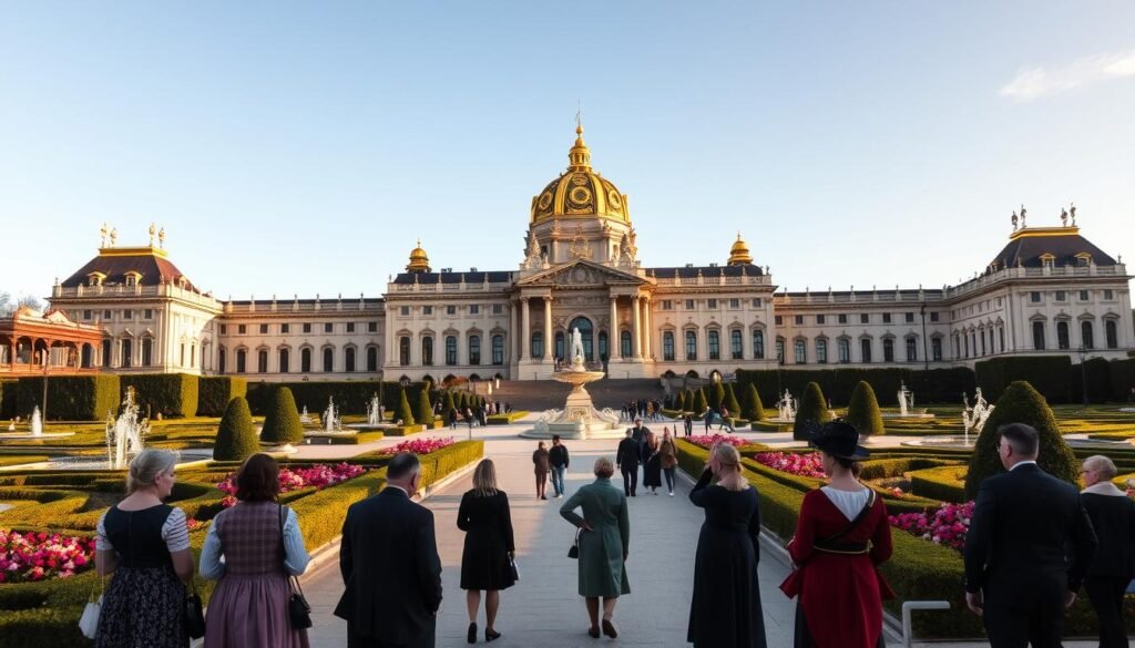 A majestic Baroque palace stands tall, its golden-domed roofs and ornate façade reflecting the grandeur of the Habsburgs. Visitors stroll along the immaculately landscaped gardens, surrounded by meticulously trimmed hedges and ornamental fountains. The warm afternoon sun casts a soft glow over the scene, highlighting the intricate details of the palace's architecture and the vibrant hues of the blooming flowers. In the foreground, well-dressed visitors in traditional Viennese attire admire the impressive structure, their silhouettes creating a sense of timelessness. The overall atmosphere evokes a bygone era of imperial splendor, inviting the viewer to step into the storied past of Vienna's Schönbrunn Palace.