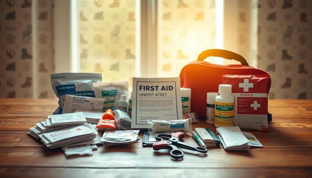 A meticulously arranged travel first aid kit on a wooden table, illuminated by soft, natural light filtering through a window. In the foreground, an array of essential medical supplies - bandages, antiseptic wipes, gauze pads, pain relievers, and a thermometer. The middle ground features a first aid manual and a compact pair of medical scissors. In the background, a subtle pattern of adventure-themed icons, such as hiking boots, compasses, and snowflakes, creates a calming, exploratory atmosphere. The overall composition conveys a sense of preparedness and the importance of prioritizing health and safety during any outdoor excursion.