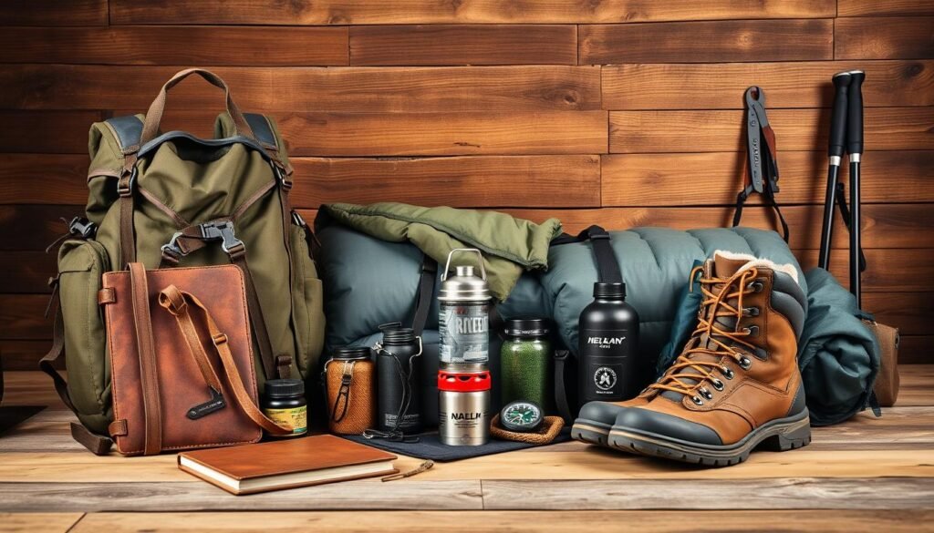A meticulously organized collection of high-quality backpacking gear rests against a rustic wooden backdrop. In the foreground, a sturdy hiking backpack, a weathered leather journal, and a compact camping stove sit alongside a pair of well-worn hiking boots. The middle ground showcases a cozy sleeping bag, a multi-tool, and a durable water bottle, all illuminated by warm, diffused lighting. In the background, a pair of trekking poles and a compass add a sense of adventure and exploration, hinting at the thrilling journeys that await the intrepid backpacker. The overall scene exudes a rugged, natural atmosphere, perfectly capturing the essence of "Essential Gear for Backpacking".