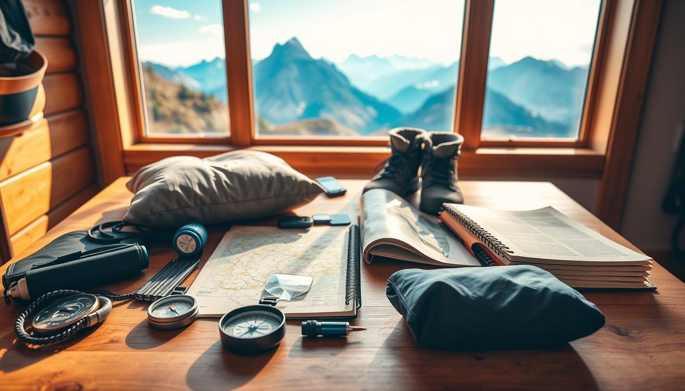 A meticulously organized packing list, neatly arranged on a wooden table with a warm, natural lighting illuminating the scene. In the foreground, various travel essentials are displayed, including a compass, a water bottle, a travel pillow, and a pair of sturdy hiking boots. In the middle ground, a map and a journal lie open, hinting at the upcoming adventure. The background features a window, offering a glimpse of a picturesque landscape with towering mountains and a vibrant blue sky, conveying a sense of excitement and anticipation for the journey ahead. The overall atmosphere exudes a sense of preparedness, organization, and the promise of an unforgettable adventure.