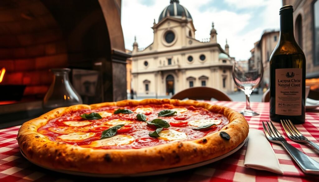 A mouthwatering Neapolitan pizza, freshly baked in a wood-fired oven, steaming hot and glistening with a thin, crisp crust. The center is laden with melted mozzarella cheese, punctuated by the tangy sweetness of San Marzano tomatoes and the pungent aroma of fresh basil leaves. In the foreground, a classic Campania-style table setting with a checkered red-and-white tablecloth, a carafe of robust Lacryma Christi wine, and a simple yet elegant place setting. In the background, the iconic facade of the Duomo di Napoli, a towering Gothic cathedral, stands as a testament to the rich cultural heritage of this legendary city. Soft, warm lighting casts a cozy, inviting glow, evoking the convivial atmosphere of a quintessential Neapolitan dining experience.
