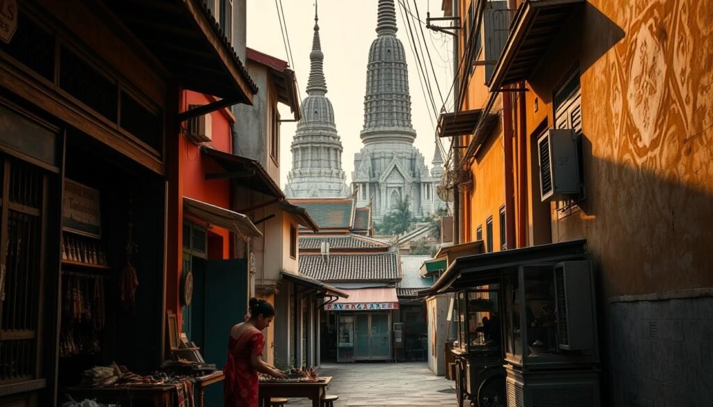 A narrow alley in Bangkok's Old Town, steeped in history and culture. Weathered shophouses with ornate details line the winding path, their vibrant hues casting warm shadows. In the foreground, a local woman in a traditional Thai dress carefully arranges handmade trinkets and textiles on a modest stall. The air is thick with the aroma of street food sizzling from nearby carts. Towering ancient temples peek out from between buildings, their intricate spires silhouetted against a hazy, golden-hour sky. This is Bangkok beyond the beaten path, a secret world of timeless traditions and authentic local experiences.