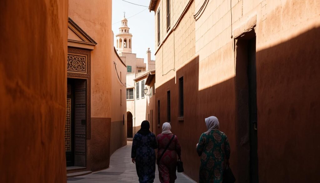 A narrow, winding alley in a traditional Marrakech neighborhood, with mud-brick buildings casting long shadows in the warm afternoon light. In the foreground, a pair of local women in colorful djellabas stroll leisurely, chatting as they go. The middle ground reveals a glimpse of an ornate doorway, its intricate tilework and carved wooden frame hinting at the hidden treasures within. In the background, the iconic silhouette of a minaret rises above the rooftops, a reminder of the city's rich cultural heritage. The scene exudes an atmosphere of unhurried tranquility, inviting the viewer to pause and soak in the authentic essence of Marrakech's historic neighborhoods.