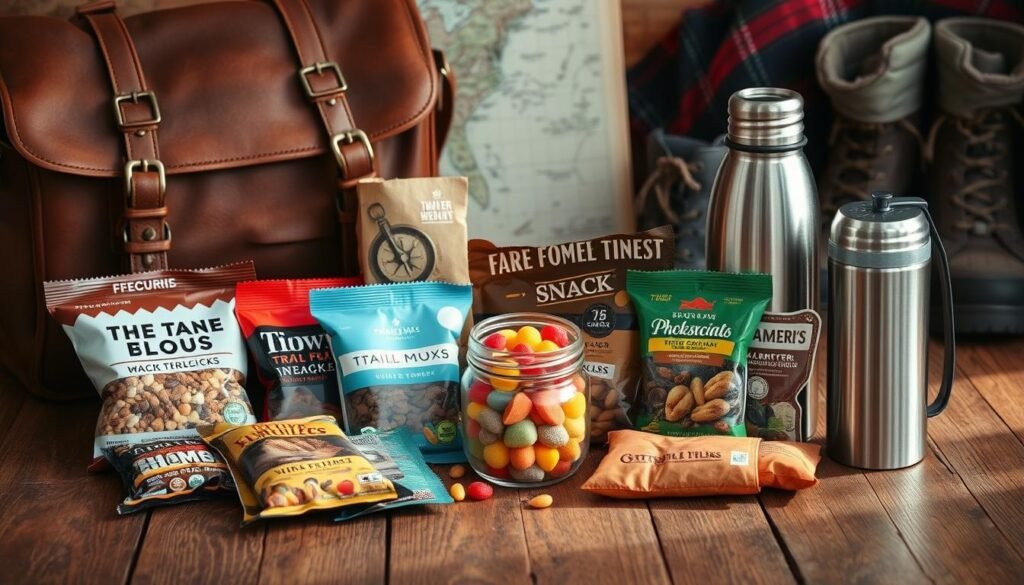 A neatly arranged collection of various travel-friendly snacks on a rustic wooden table, bathed in warm, natural lighting. In the foreground, a selection of individually packaged trail mixes, energy bars, dried fruits, and nuts are displayed against a backdrop of a worn leather satchel, a compass, and a vintage map. The middle ground features a glass jar filled with colorful gummy candies, alongside a stainless steel water bottle and a sleek, compact thermos. The background showcases a pair of well-worn hiking boots and a cozy plaid blanket, hinting at the adventurous lifestyle the snacks are intended to support.