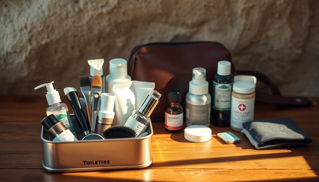 A neatly arranged set of travel toiletries on a wooden surface, illuminated by warm, natural lighting. In the foreground, a metal tin holds various bottles and tubes of skincare products, cosmetics, and grooming tools. In the middle ground, a sleek leather dopp kit and a small pouch for medications and first-aid items. The background features a minimalist, earthy-toned backdrop, hinting at the adventurous nature of the scene. The overall mood is one of effortless organization and a well-curated, practical approach to personal care while on the move.