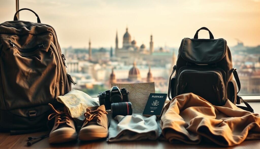 A neatly organized collection of essential travel items lies against a backdrop of iconic landmarks. In the foreground, a sturdy backpack, comfortable walking shoes, and a versatile outfit of neutral colors stand ready for any adventure. In the middle ground, a map, a camera, and a passport hint at the excitement of exploration. The distant horizon is dotted with landmarks, their silhouettes creating a sense of wanderlust. Soft, warm lighting casts a cozy glow, inviting the viewer to imagine themselves embarking on a solo journey filled with discovery and personal growth.