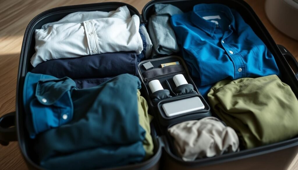 A neatly organized suitcase fills the frame, showcasing an array of expertly packed clothing and travel essentials. In the foreground, folded shirts, pants, and undergarments are arranged with precision, their vibrant hues - deep blues, earthy greens, and crisp whites - creating a visually pleasing palette. In the middle ground, compact organizers and pouches hold toiletries, chargers, and other small items, while the background features the silhouettes of iconic landmarks, hinting at the exciting destinations to come. Soft, directional lighting casts gentle shadows, emphasizing the careful composition and attention to detail. The overall mood is one of efficiency, preparedness, and the anticipation of adventure.
